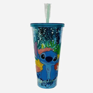 Disney Stitch Ohana Plastic Blue Glitter Tumbler With Lid and Straw 32 onz
